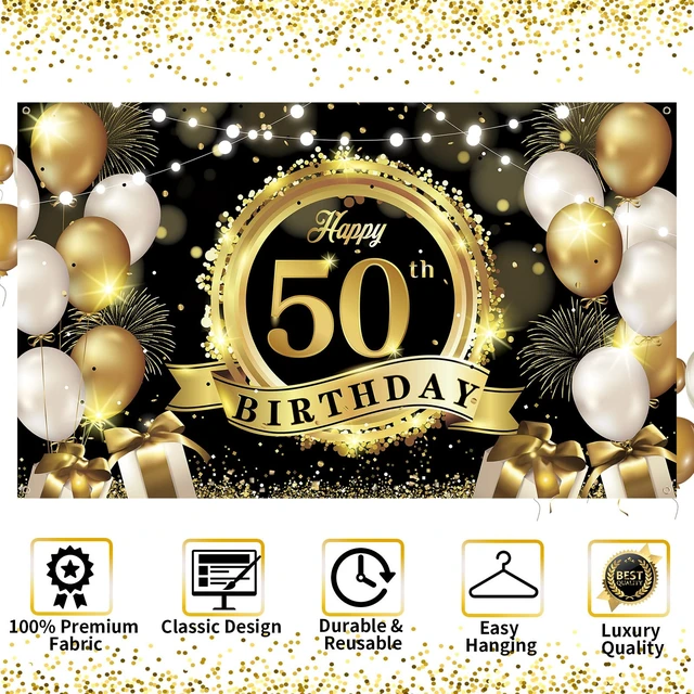 Alt view image 7 of 7 - Happy 50th Birthday Decoration Backdrop Banner Black Gold Large Fabric Sign 72.8 x 43.3 Inch Birthday Poster Photography Background 50 Year Birthday Party Decorations Supplies Indoor Outdoor
