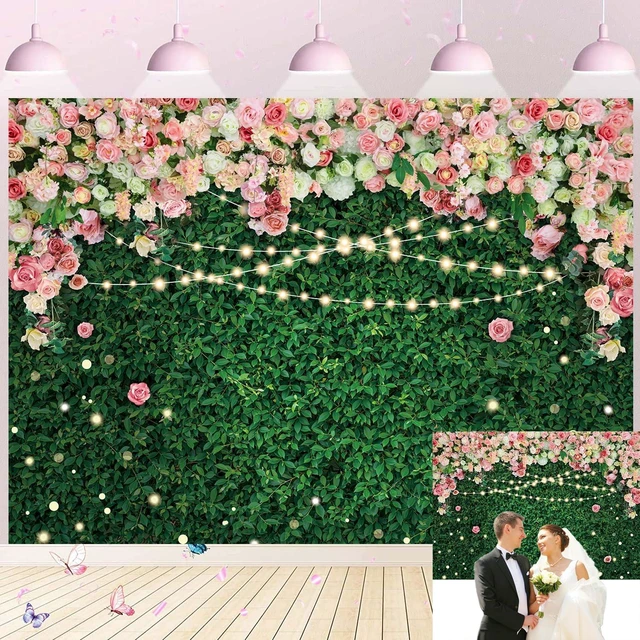 Main image of JSHENGZHYI Flower Greenery Backdrop Floral Green Grass Lawn Glitter Party Photography Background Kids Adults Birthday Newborn Baby Shower Wedding Bridal Shower Party Cake Table Decoration 8x6FT