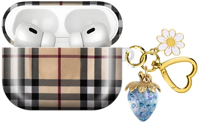Main image of Compatible with AirPod PRO 3 2025 Shockproof and dustproof Wireless Earphone case, with a Beautiful and Cute Strawberry Keychain Pendant Suitable for WomenCheckered Blue Strawberries
