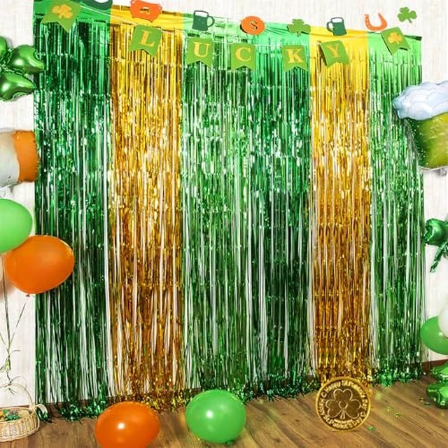 Alt view image 7 of 7 - 5 Pack St. Patrick's Decorations, St Patty's Day Party Decor, 3.3 X 6.6 ft Green Gold Light Green Tinsel Fringe Curtain Photo Booth Props, Streamer Backdrop for Saint patrick Irish Theme Decor