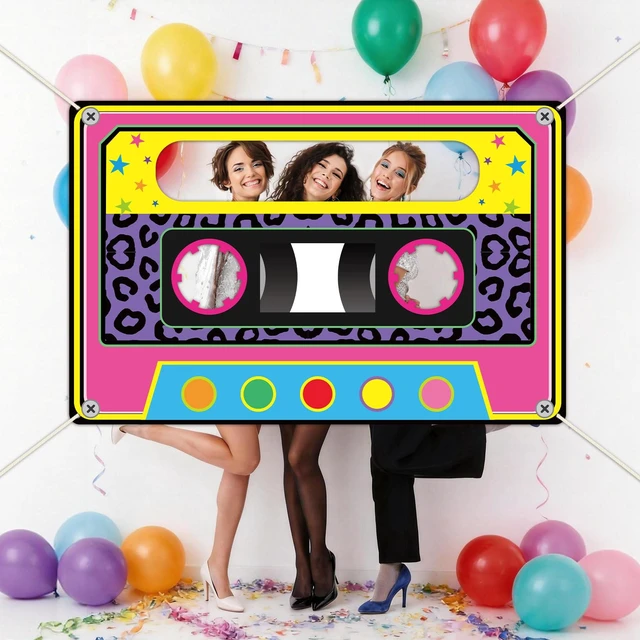 Alt view image 4 of 7 - 71 x 46 Inch Fabric 80s 90s Party Decoration Retro 1980s 1990s Theme Photo Booth Prop Back to 90s Birthday Party Supplies Hip Hop Favor Neon Cassette Tape Hanging Backdrop for Rock Disco Music Decor