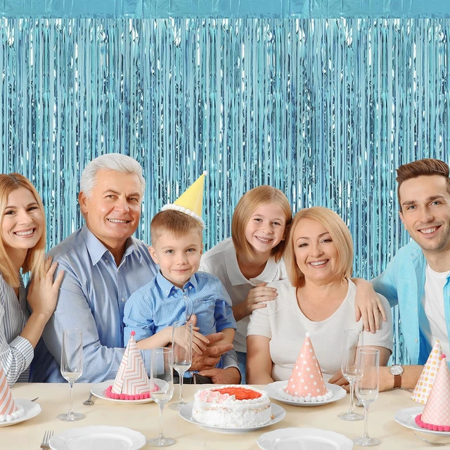 Alt view image 2 of 7 - 12 Pack Foil Fringe Backdrop Curtains, 3.28 x 9.84 ft Light Blue Metallic Tinsel Foil Fringe Curtains Photo Booth Backdrop for Birthday Wedding Baby Shower Christmas New Year Party Decorations