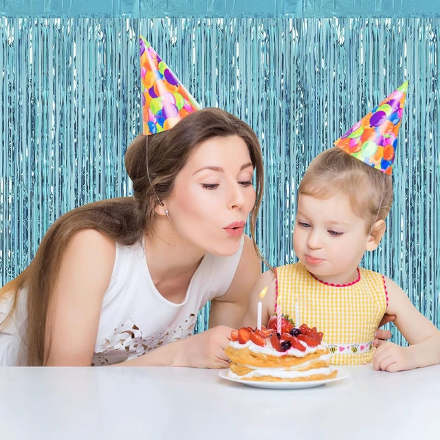 Alt view image 6 of 7 - 12 Pack Foil Fringe Backdrop Curtains, 3.28 x 9.84 ft Light Blue Metallic Tinsel Foil Fringe Curtains Photo Booth Backdrop for Birthday Wedding Baby Shower Christmas New Year Party Decorations