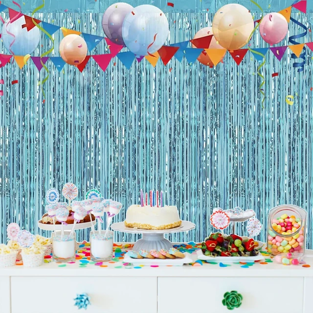 Alt view image 7 of 7 - 12 Pack Foil Fringe Backdrop Curtains, 3.28 x 9.84 ft Light Blue Metallic Tinsel Foil Fringe Curtains Photo Booth Backdrop for Birthday Wedding Baby Shower Christmas New Year Party Decorations