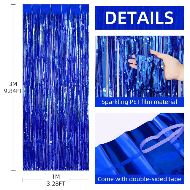 Alt view image 3 of 7 - 12 Pack Foil Fringe Backdrop Curtains, 3.28 x 9.84 ft Blue Metallic Tinsel Foil Fringe Curtains Photo Booth Backdrop for Birthday Wedding Baby Shower Christmas New Year Party Decorations