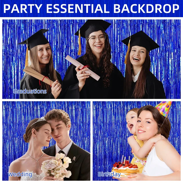 Alt view image 5 of 7 - 12 Pack Foil Fringe Backdrop Curtains, 3.28 x 9.84 ft Blue Metallic Tinsel Foil Fringe Curtains Photo Booth Backdrop for Birthday Wedding Baby Shower Christmas New Year Party Decorations