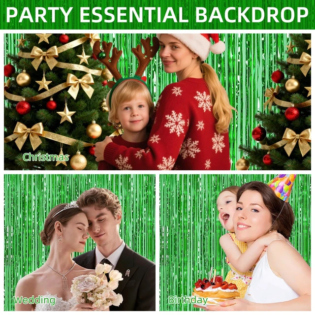 Alt view image 5 of 7 - 12 Pack Foil Fringe Backdrop Curtains, 3.28 x 9.84 ft Green Metallic Tinsel Foil Fringe Curtains Photo Booth Backdrop for Birthday Wedding Baby Shower Christmas New Year Party Decorations