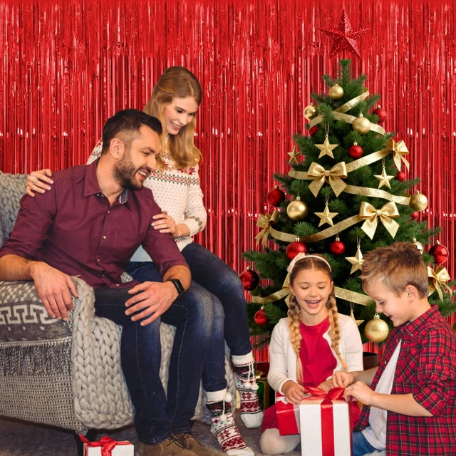 Alt view image 2 of 7 - 12 Pack Foil Fringe Backdrop Curtains, 3.28 x 9.84 ft Red Metallic Tinsel Foil Fringe Curtains Photo Booth Backdrop for Birthday Wedding Baby Shower Christmas New Year Party Decorations