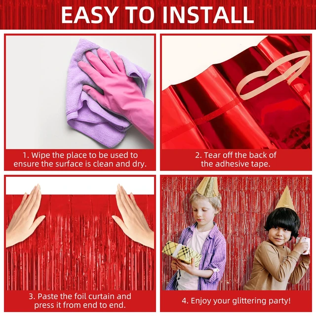 Alt view image 4 of 7 - 12 Pack Foil Fringe Backdrop Curtains, 3.28 x 9.84 ft Red Metallic Tinsel Foil Fringe Curtains Photo Booth Backdrop for Birthday Wedding Baby Shower Christmas New Year Party Decorations