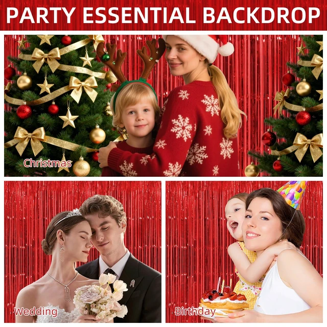 Alt view image 5 of 7 - 12 Pack Foil Fringe Backdrop Curtains, 3.28 x 9.84 ft Red Metallic Tinsel Foil Fringe Curtains Photo Booth Backdrop for Birthday Wedding Baby Shower Christmas New Year Party Decorations