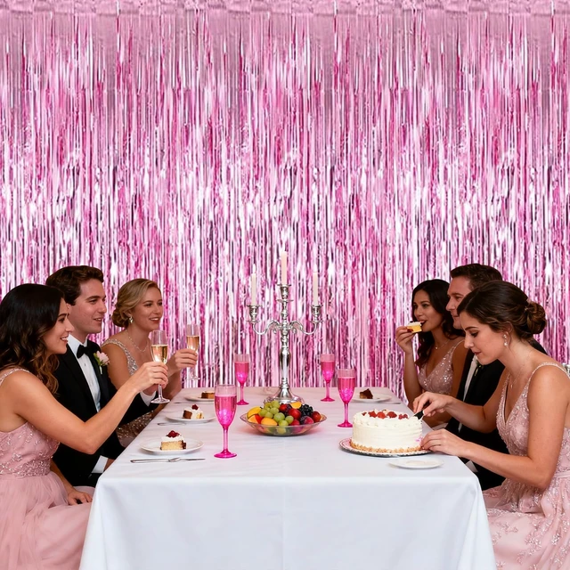 Alt view image 2 of 7 - 12 Pack Foil Fringe Backdrop Curtains, 3.28 x 9.84 ft Pink Metallic Tinsel Foil Fringe Curtains Photo Booth Backdrop for Birthday Wedding Baby Shower Christmas New Year Party Decorations
