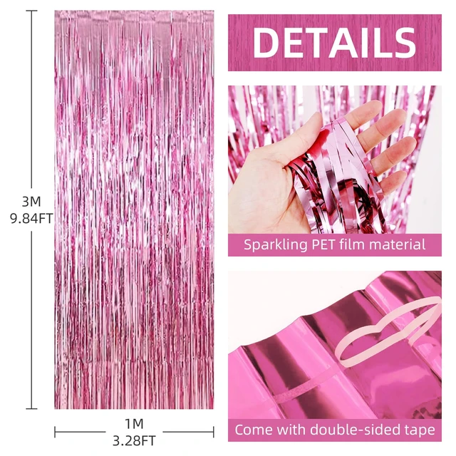 Alt view image 3 of 7 - 12 Pack Foil Fringe Backdrop Curtains, 3.28 x 9.84 ft Pink Metallic Tinsel Foil Fringe Curtains Photo Booth Backdrop for Birthday Wedding Baby Shower Christmas New Year Party Decorations