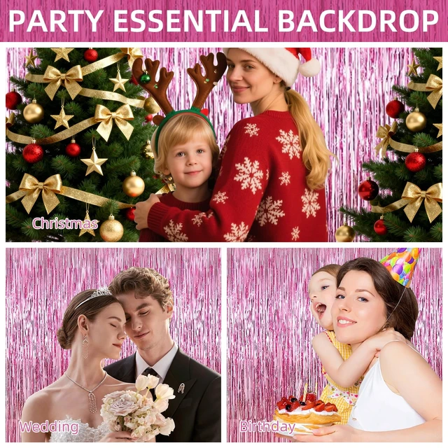 Alt view image 5 of 7 - 12 Pack Foil Fringe Backdrop Curtains, 3.28 x 9.84 ft Pink Metallic Tinsel Foil Fringe Curtains Photo Booth Backdrop for Birthday Wedding Baby Shower Christmas New Year Party Decorations