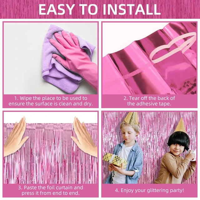 Alt view image 4 of 7 - 12 Pack Foil Fringe Backdrop Curtains, 3.28 x 9.84 ft Pink Metallic Tinsel Foil Fringe Curtains Photo Booth Backdrop for Birthday Wedding Baby Shower Christmas New Year Party Decorations