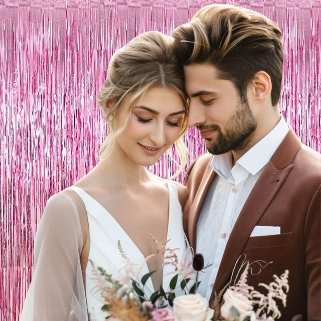 Alt view image 7 of 7 - 12 Pack Foil Fringe Backdrop Curtains, 3.28 x 9.84 ft Pink Metallic Tinsel Foil Fringe Curtains Photo Booth Backdrop for Birthday Wedding Baby Shower Christmas New Year Party Decorations