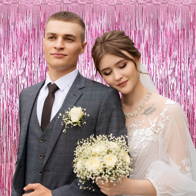 Alt view image 6 of 7 - 12 Pack Foil Fringe Backdrop Curtains, 3.28 x 9.84 ft Pink Metallic Tinsel Foil Fringe Curtains Photo Booth Backdrop for Birthday Wedding Baby Shower Christmas New Year Party Decorations