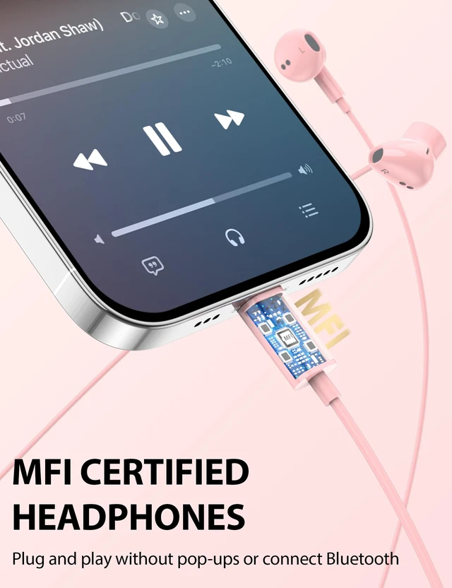 Alt view image 4 of 7 - for Apple Lightning Headphones MFi-Certified Wired Earbuds Pink Magnetic Larger Ear Buds Earphones with Anti-Drop Tips Corded Headset Cord for iPhone 14 Plus 13 Pro Max 12 Mini 11 XS XR 8