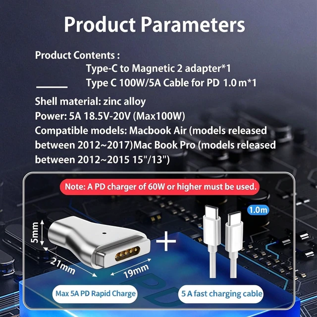 Alt view image 2 of 7 - Magnetic USB C to Magnetic 2 T-Tip Adapter, Type-C to Safe 2 T-Head PD 100W Power Fast Charging Converter for 2013-2015 MacBook Pro Air with 100W USB C Cable
