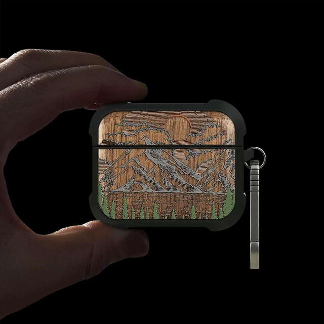 Alt view image 2 of 7 - Walnut Solid Wood for AirPods Pro 2 Case (2nd/1st Gen) Mountain Dawn Airpods Pro Case 2nd / 1st Generation (2023/2022/2019) with Quick Released Keychain, TPU Shockproof Cover, Hand-Drawn Style
