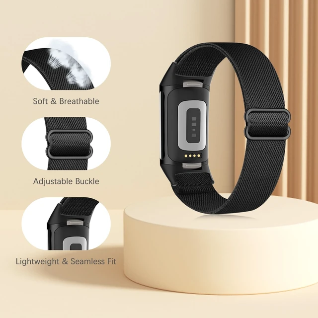 Alt view image 4 of 7 - Elastic Ankle/Arm/Wrist Band Compatible with Fitbit Charge 6/5 Fitness Tracker, Adjustable Stretchy Nylon Sport Workout Replacement Strap Women Men Armband/Ankleband/Wristband Accessory (Black)