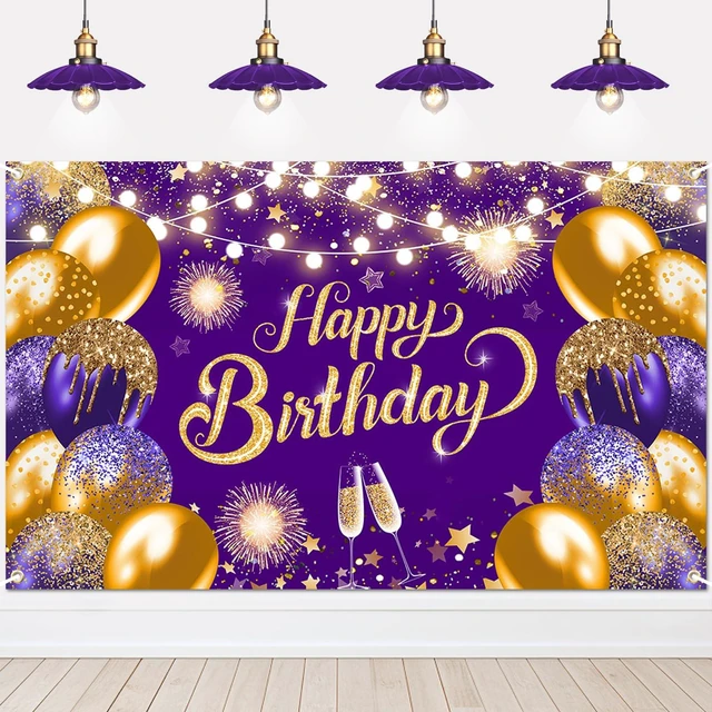 Main image of Purple Gold Happy Birthday Backdrop Banner Decorations 6x3.6 ft Polyester, Purple Birthday Banner, Birthday Party Decorations, Photography Background, Photo Props
