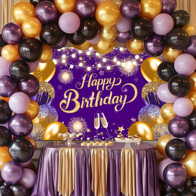 Alt view image 3 of 7 - Purple Gold Happy Birthday Backdrop Banner Decorations 6x3.6 ft Polyester, Purple Birthday Banner, Birthday Party Decorations, Photography Background, Photo Props