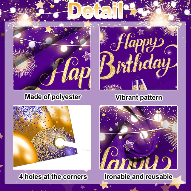 Alt view image 4 of 7 - Purple Gold Happy Birthday Backdrop Banner Decorations 6x3.6 ft Polyester, Purple Birthday Banner, Birthday Party Decorations, Photography Background, Photo Props