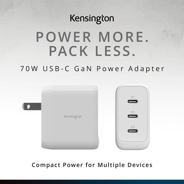 Alt view image 2 of 7 - 70W USBC GaN Power Adapter, 3Port Fast Charger with Power Delivery for Laptops, Tablets & Smartphones (K38101NA)