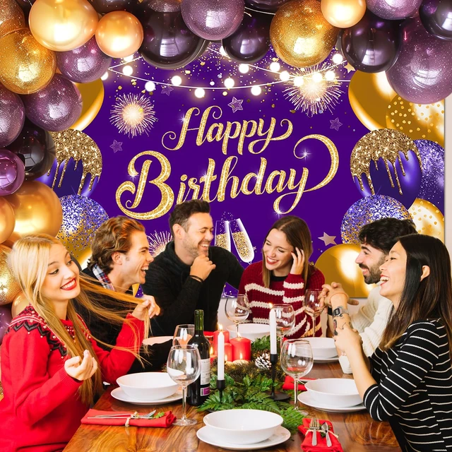 Alt view image 7 of 7 - Purple Gold Happy Birthday Backdrop Banner Decorations 6x3.6 ft Polyester, Purple Birthday Banner, Birthday Party Decorations, Photography Background, Photo Props