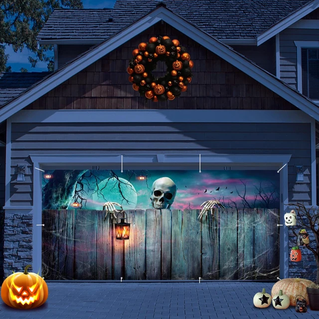 Alt view image 3 of 5 - Halloween Garage Door Cover 7x16ft Large 2car Garage Backdrop Scary Skull Skeleton Garage Banner Horror Moon Night Lantern Halloween Party Backdrop for Home Holiday Wall Decor Outdoor
