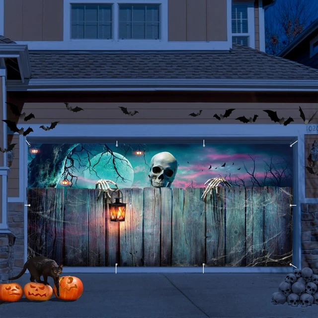 Alt view image 2 of 5 - Halloween Garage Door Cover 7x16ft Large 2car Garage Backdrop Scary Skull Skeleton Garage Banner Horror Moon Night Lantern Halloween Party Backdrop for Home Holiday Wall Decor Outdoor