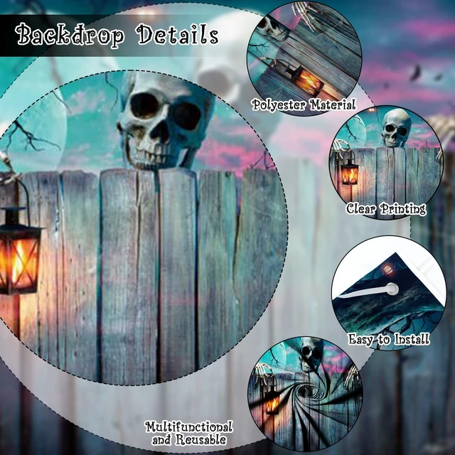 Alt view image 4 of 5 - Halloween Garage Door Cover 7x16ft Large 2car Garage Backdrop Scary Skull Skeleton Garage Banner Horror Moon Night Lantern Halloween Party Backdrop for Home Holiday Wall Decor Outdoor
