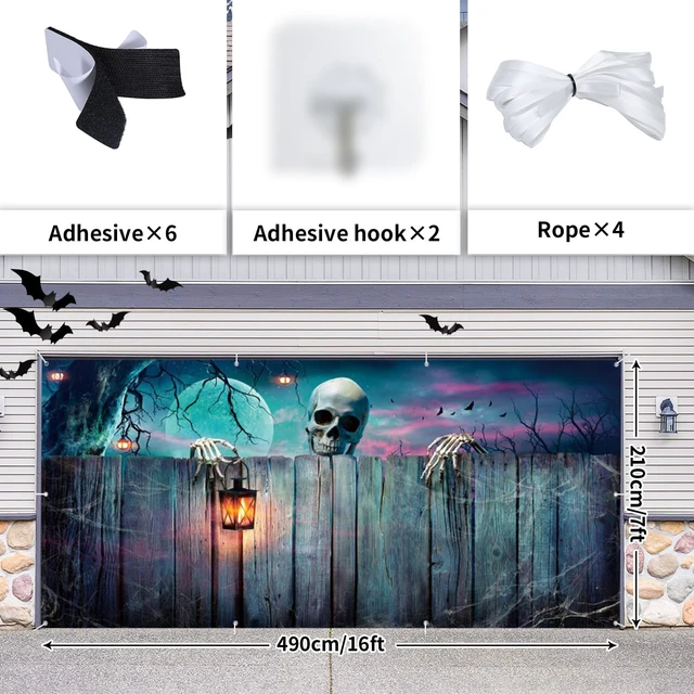 Alt view image 5 of 5 - Halloween Garage Door Cover 7x16ft Large 2car Garage Backdrop Scary Skull Skeleton Garage Banner Horror Moon Night Lantern Halloween Party Backdrop for Home Holiday Wall Decor Outdoor