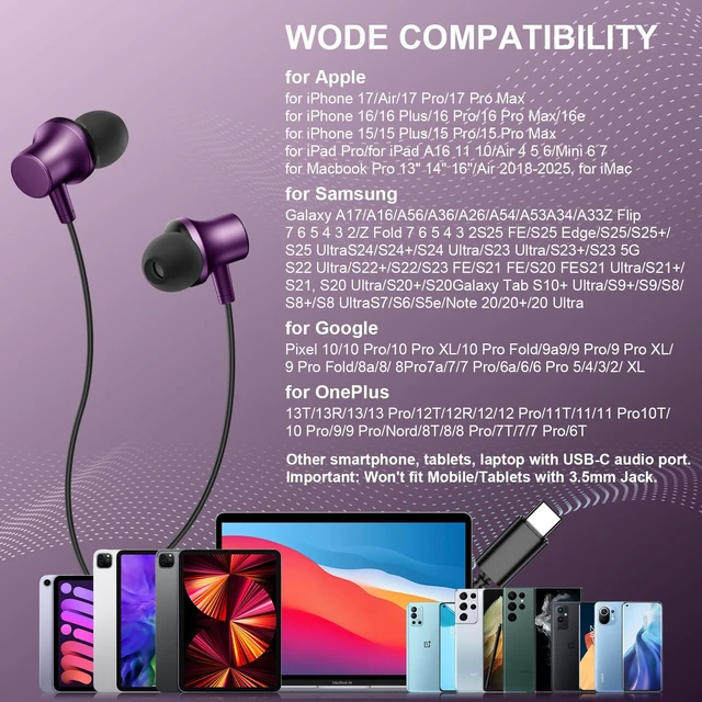 Alt view image 7 of 7 - USB C Headphone Wired Ear Buds for Samsung S26 Ultra S25 A16 A17 A36 Z Flip Magnetic Type C Earphone for iPhone 18 Pro Max 17 16 15 16e 17e HD Mic in Ear Noise Isolation Earbuds for iPad A16 Pixel 10a