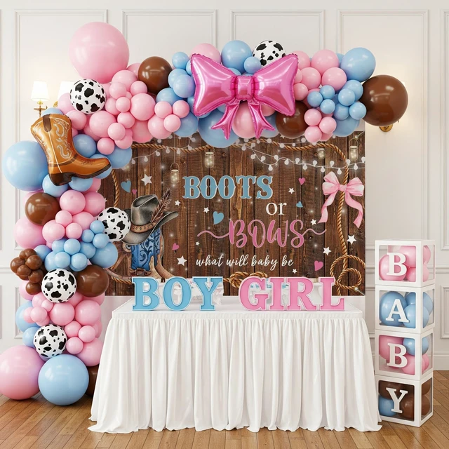 Alt view image 2 of 3 - Boots or Bows Gender Reveal Banner Backdrop Rustic Wood Brown Western Cowgirl Cowboy Gender Reveal Decorations Party Photo Booth Props (7x5ft (82x60 inch))