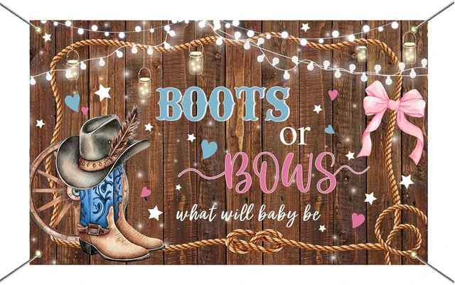 Alt view image 3 of 3 - Boots or Bows Gender Reveal Banner Backdrop Rustic Wood Brown Western Cowgirl Cowboy Gender Reveal Decorations Party Photo Booth Props (7x5ft (82x60 inch))