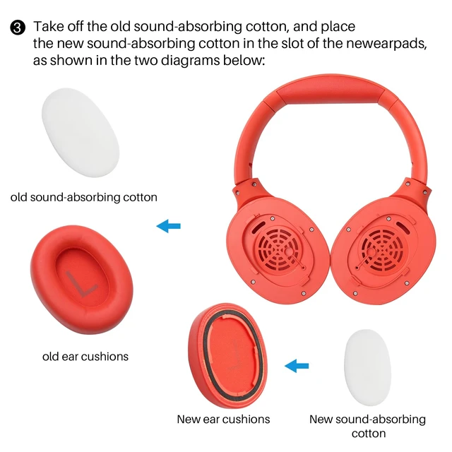 Alt view image 4 of 5 - HT2 Replacement Earpads Cushion, Softer Protein Leather Ear Cover Waterproof for Comfortable Fit with Dustproof Mesh, Sound-Isolation Foam Red