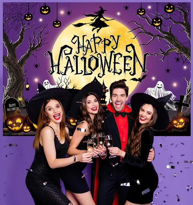 Alt view image 3 of 7 - Happy Halloween Backdrop Purple Moon Night Witch Castle Pumpkin Graveyard Spider Web Background Kids Adults Halloween Scary Party Decoration Banner Photo Props (Purple, 8x6FT)