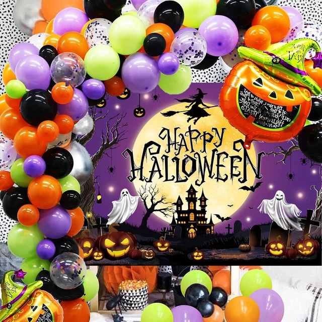 Alt view image 4 of 7 - Happy Halloween Backdrop Purple Moon Night Witch Castle Pumpkin Graveyard Spider Web Background Kids Adults Halloween Scary Party Decoration Banner Photo Props (Purple, 8x6FT)