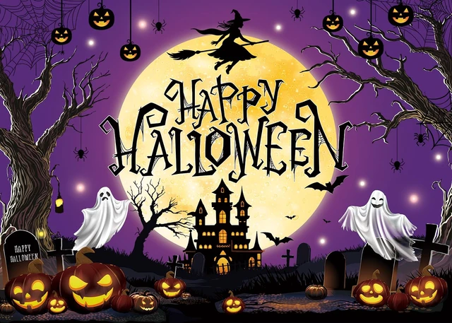 Alt view image 2 of 7 - Happy Halloween Backdrop Purple Moon Night Witch Castle Pumpkin Graveyard Spider Web Background Kids Adults Halloween Scary Party Decoration Banner Photo Props (Purple, 8x6FT)