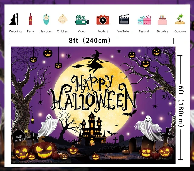 Alt view image 7 of 7 - Happy Halloween Backdrop Purple Moon Night Witch Castle Pumpkin Graveyard Spider Web Background Kids Adults Halloween Scary Party Decoration Banner Photo Props (Purple, 8x6FT)