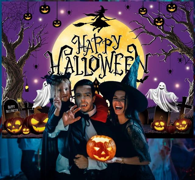 Alt view image 5 of 7 - Happy Halloween Backdrop Purple Moon Night Witch Castle Pumpkin Graveyard Spider Web Background Kids Adults Halloween Scary Party Decoration Banner Photo Props (Purple, 8x6FT)