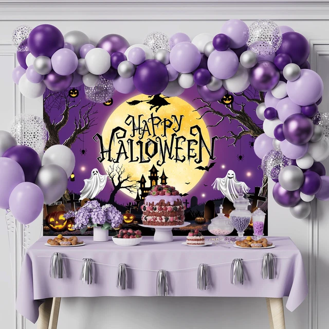 Alt view image 6 of 7 - Happy Halloween Backdrop Purple Moon Night Witch Castle Pumpkin Graveyard Spider Web Background Kids Adults Halloween Scary Party Decoration Banner Photo Props (Purple, 8x6FT)