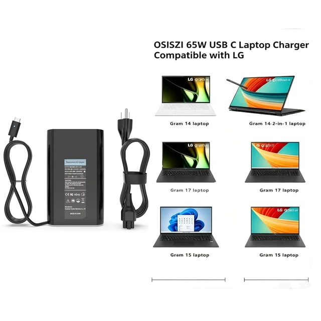 Alt view image 2 of 7 - 65W USB C Laptop Charger Compatible with LG Gram Fit for LG Gram 17 16 15 14 Laptop Model 17Z90N 17Z95P 17Z90Q 17Z90R 17Z90S 16T90P 16Z90P 16Z90Q Power AC Adapter