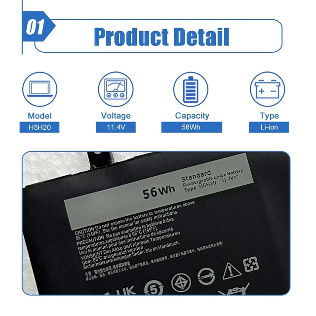 Alt view image 2 of 6 - H5H20 Laptop Battery RRCGW Replace for Dell Precision 5510 5520 M5520 5530 5540 XPS 15 9550 9560 9570 9590 Inspiron 7590 7591 Series Notebook 62MJV M7R96 5D91C 05D91C 11.4V 56Wh