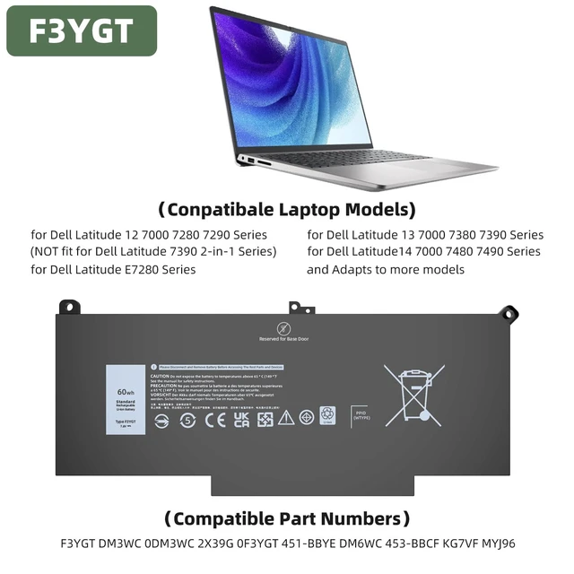 Alt view image 2 of 6 - F3YGT Battery for Dell Latitude 7490 7480 7390 7380 7290 7280, Compatible with Latitude 14 13 12 Series Model 2X39G 453-BBCF 451-BBYE KG7VF DM3WC DM6WC Laptop Battery
