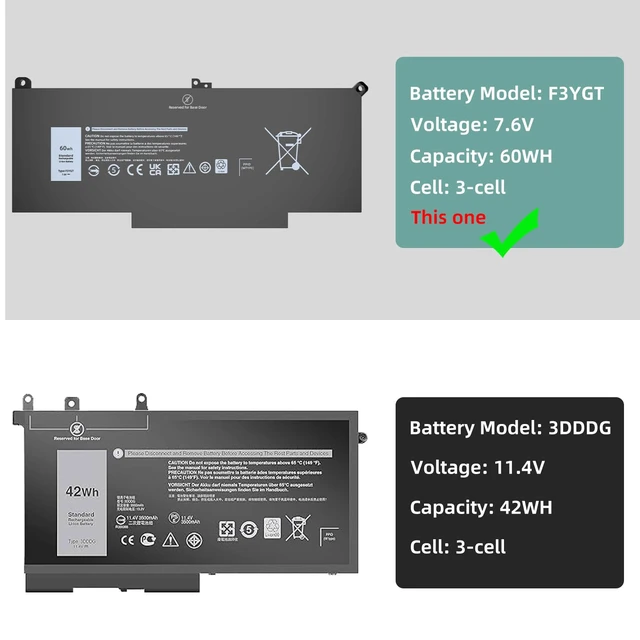 Alt view image 3 of 6 - F3YGT Battery for Dell Latitude 7490 7480 7390 7380 7290 7280, Compatible with Latitude 14 13 12 Series Model 2X39G 453-BBCF 451-BBYE KG7VF DM3WC DM6WC Laptop Battery