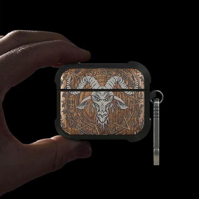 Alt view image 2 of 7 - Walnut Solid Wood for AirPods Pro 2 Case (2nd/1st Gen) Baphomet Seal Airpods Pro Case 2nd / 1st Generation (2023/2022/2019) with Quick Released Keychain, TPU Shockproof Cover, Hand-Drawn Style