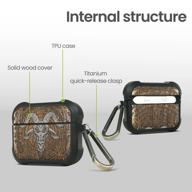 Alt view image 4 of 7 - Walnut Solid Wood for AirPods Pro 2 Case (2nd/1st Gen) Baphomet Seal Airpods Pro Case 2nd / 1st Generation (2023/2022/2019) with Quick Released Keychain, TPU Shockproof Cover, Hand-Drawn Style