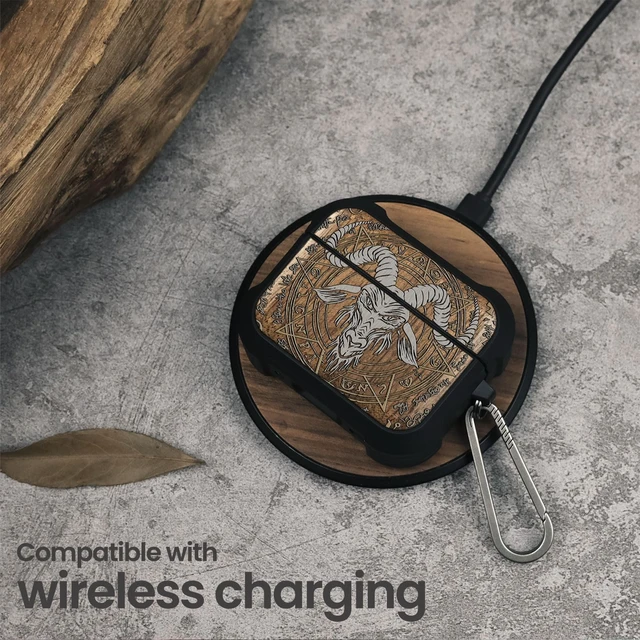 Alt view image 5 of 7 - Walnut Solid Wood for AirPods Pro 2 Case (2nd/1st Gen) Baphomet Seal Airpods Pro Case 2nd / 1st Generation (2023/2022/2019) with Quick Released Keychain, TPU Shockproof Cover, Hand-Drawn Style